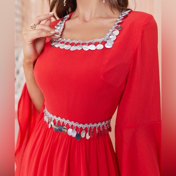 Red Flounce Sleeve Sequin Dress - Picture 10 of 13